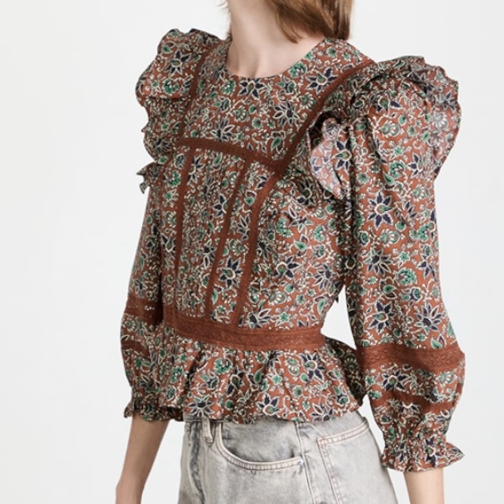 Veronica Beard Floral Ruffle Blouse - Brown and Green